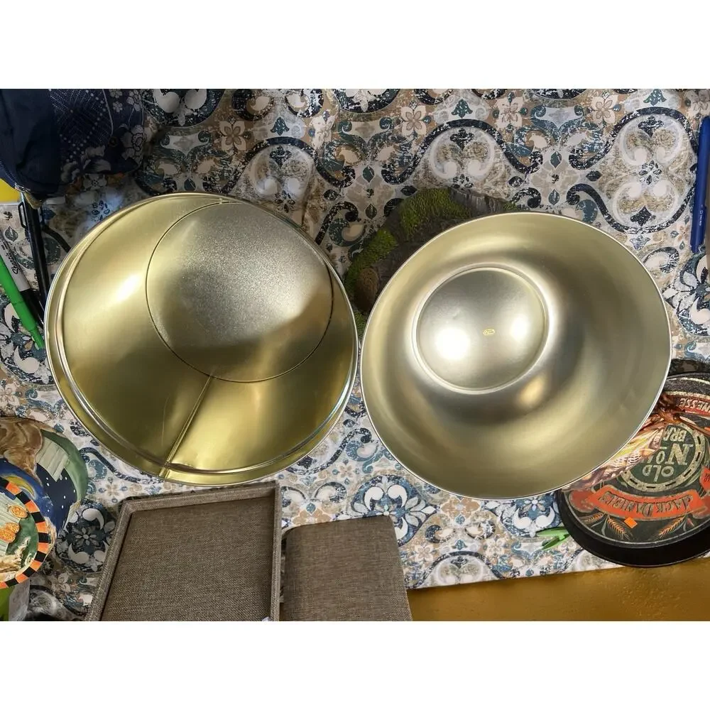 Vintage Christmas Bowl Top Popcorn Tin Holly Berry Gold Serving Bowl Canister